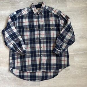 Paragraff Jacket Mens Large Navy Cream Plaid Wool Blend Hunting Game Pouch Shirt